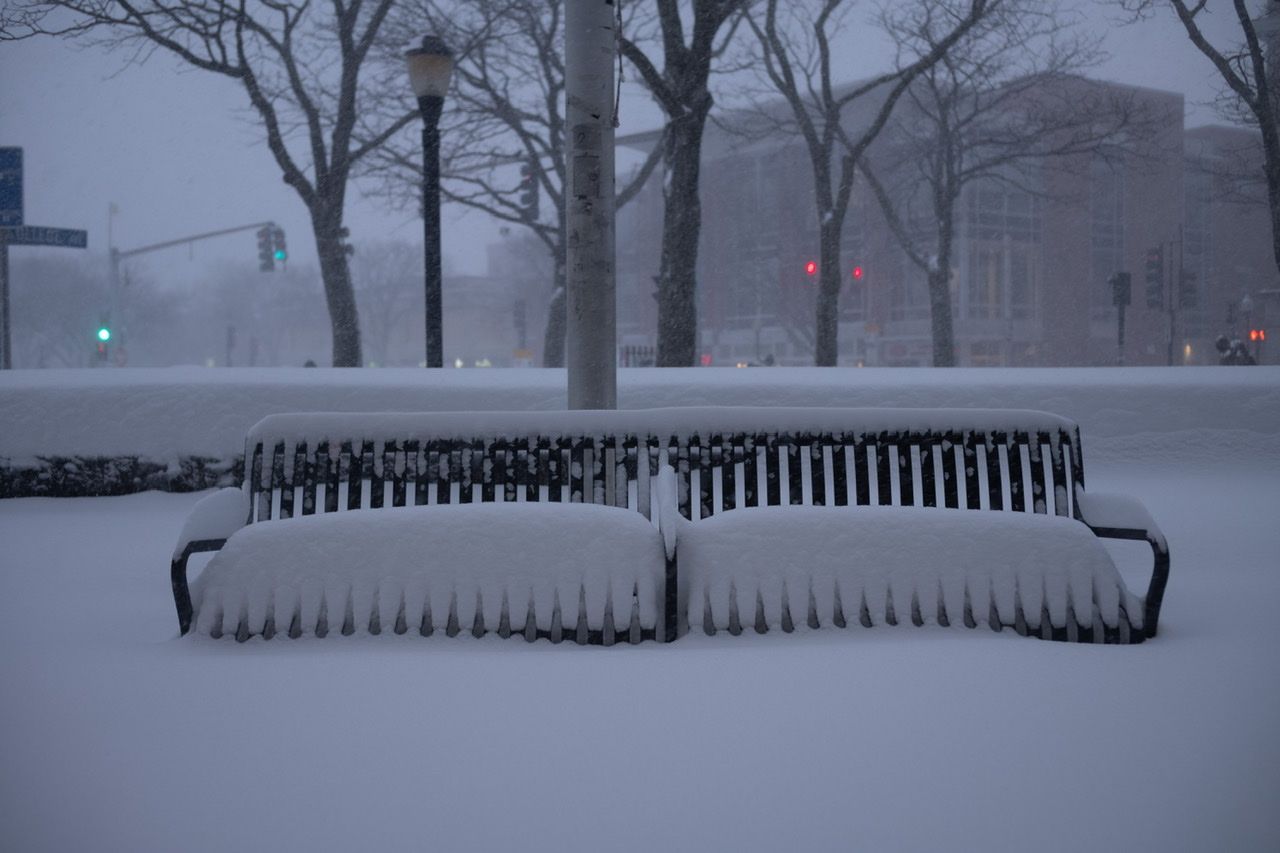 Snow covered benches in Davis Square