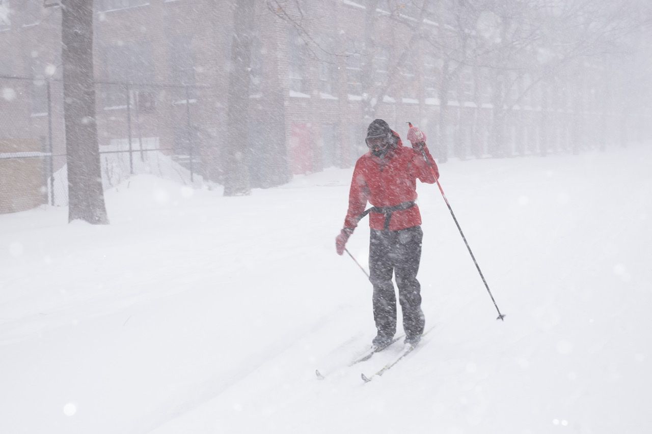 XC skier approaching Davis Square